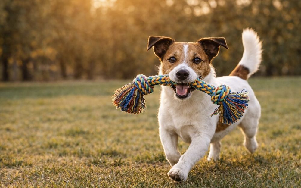 Малко енергично куче порода Джак Ръсел териер с бяло и кафяво оцветяване тича към камерата през зелена трева в парк по време на залез, като държи в устата си цветно въже за игра с възли от двете страни, ушите му са повдигнати, очите са ярки и фокусирани, а опашката е вдигната, излъчвайки радост и енергия, фонът е размазан с топла златиста светлина и дървета